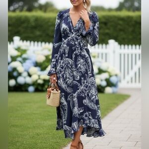STINE GOYA Freesia Navy White Baroque Wallpaper Print Midi Dress